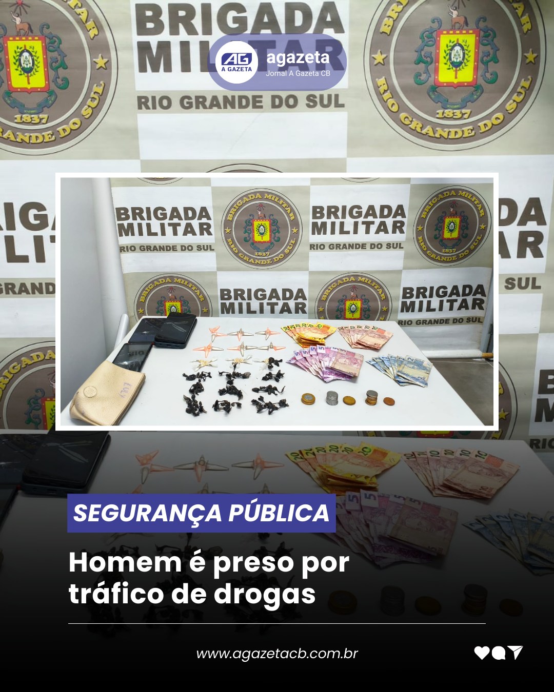 Durante diligências realizadas pela Brigada Militar para averiguar uma denúncia de possível comércio ilícito de entorpecentes, um homem foi preso por tráfico de drogas, no bairro Rio Branco, em Campo Bom.
De acordo com a ocorrência, a guarnição ingressou em um local já conhecido como ponto de venda de drogas e visualizou um indivíduo entregando um objeto a outro homem, enquanto recebia certa quantia em dinheiro. Diante da fundada suspeita, os policiais realizaram a abordagem.
Durante revista pessoal no suspeito, os policiais localizaram, presa à cintura, uma pochete contendo 21 pinos de substância análoga à cocaína e 65 pedras com características semelhantes ao crack. No bolso do calção também foi encontrada a quantia de R$ 237,25.
Já com o outro abordado, foram encontrados dois pinos contendo substância semelhante à cocaína. Conforme relato do próprio homem aos policiais, ele seria usuário de drogas e estaria no local para adquirir o entorpecente. No ambiente onde ocorreu a abordagem, os policiais ainda apreenderam três aparelhos celulares.
Diante dos fatos, foi dada voz de prisão aos envolvidos, sendo-lhes garantidos os direitos constitucionais. Conforme o registro policial, foi necessário o uso de algemas para resguardar a segurança da guarnição e dos próprios conduzidos.
Posteriormente, os indivíduos foram encaminhados ao Hospital Dr. Lauro Reus para avaliação médica de praxe e, em seguida, apresentados na Delegacia de Polícia Civil de Campo Bom, onde a ocorrência foi registrada e foram adotadas as demais providências legais.
MAIS NOTÍCIAS EM: www.agazetacb.com.br (LINK NA BIO) Durante diligências realizadas pela Brigada Militar para averiguar uma denúncia de possível comércio ilícito de entorpecentes, um homem foi preso por tráfico de drogas, no bairro Rio Branco, em Campo Bom.
De acordo com a ocorrência, a guarnição ingressou em um local já conhecido como ponto de venda de drogas e visualizou um indivíduo entregando um objeto a outro homem, enquanto recebia certa quantia em dinheiro. Diante da fundada suspeita, os policiais realizaram a abordagem.
Durante revista pessoal no suspeito, os policiais localizaram, presa à cintura, uma pochete contendo 21 pinos de substância análoga à cocaína e 65 pedras com características semelhantes ao crack. No bolso do calção também foi encontrada a quantia de R$ 237,25.
Já com o outro abordado, foram encontrados dois pinos contendo substância semelhante à cocaína. Conforme relato do próprio homem aos policiais, ele seria usuário de drogas e estaria no local para adquirir o entorpecente. No ambiente onde ocorreu a abordagem, os policiais ainda apreenderam três aparelhos celulares.
Diante dos fatos, foi dada voz de prisão aos envolvidos, sendo-lhes garantidos os direitos constitucionais. Conforme o registro policial, foi necessário o uso de algemas para resguardar a segurança da guarnição e dos próprios conduzidos.
Posteriormente, os indivíduos foram encaminhados ao Hospital Dr. Lauro Reus para avaliação médica de praxe e, em seguida, apresentados na Delegacia de Polícia Civil de Campo Bom, onde a ocorrência foi registrada e foram adotadas as demais providências legais.
MAIS NOTÍCIAS EM: www.agazetacb.com.br (LINK NA BIO)