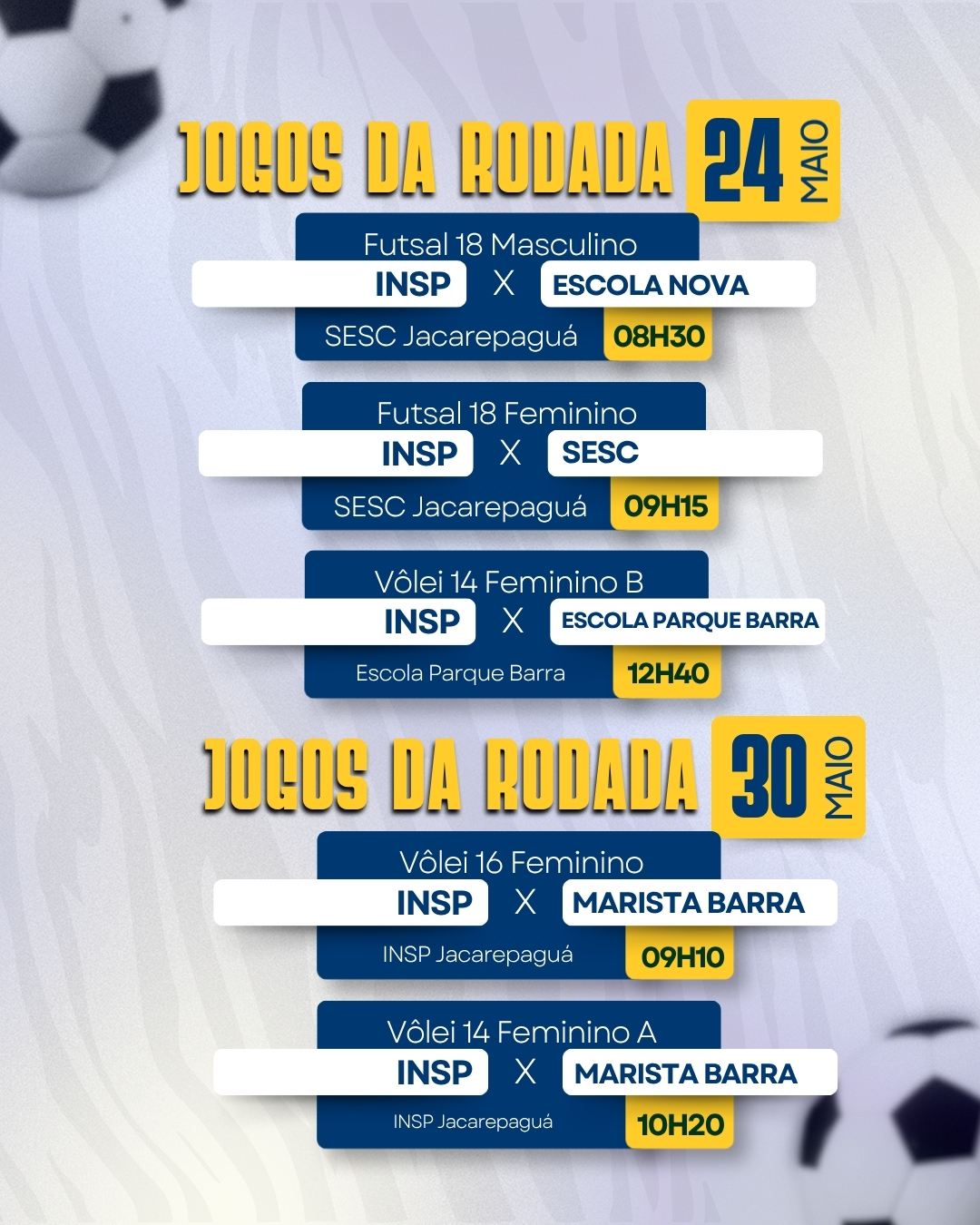 Começou a emoção! 🏐🔥
Maio marca a 1ª rodada da Liga Escolar, e nossos atletas do INSP já entram em quadra prontos pra dar o melhor! 💪
Agora é hora de vestir a camisa, chamar a torcida e fazer cada ponto valer a pena 👏
Arraste pro lado, confira os jogos e vem com a gente nessa energia!
A sua torcida faz toda diferença! 👀🔥
#INSP #LigaEscolar #1Rodada #JogosDeMaio #TorcidaINSP #VemTorcer