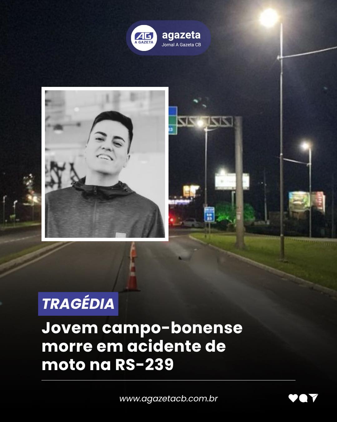 Um grave acidente de trânsito resultou na morte de um motociclista na noite de terça-feira (5), por volta das 22h30, na RS-239, em Campo Bom. O acidente aconteceu nas proximidades do quilômetro 23 da rodovia.
A vítima foi identificada como Bruno Luiz da Silva, de 26 anos. Conforme informações apuradas, ele conduzia uma motocicleta Honda CG 150 no sentido Sapiranga–Novo Hamburgo, quando acabou colidindo na lateral traseira de um veículo BYD Dolphin, com placas de Novo Hamburgo, que acessou um dos retornos da rodovia.
Com a força do impacto, o motociclista foi arremessado por alguns metros e morreu ainda no local. No automóvel estavam três ocupantes, que não sofreram ferimentos.
O corpo de Bruno será sepultado no Cemitério Municipal de Campo Bom. O velório tem início às 21h desta quarta-feira, na Capela A e o sepultamento acontece amanhã, 07, às 10h. Um grave acidente de trânsito resultou na morte de um motociclista na noite de terça-feira (5), por volta das 22h30, na RS-239, em Campo Bom. O acidente aconteceu nas proximidades do quilômetro 23 da rodovia.
A vítima foi identificada como Bruno Luiz da Silva, de 26 anos. Conforme informações apuradas, ele conduzia uma motocicleta Honda CG 150 no sentido Sapiranga–Novo Hamburgo, quando acabou colidindo na lateral traseira de um veículo BYD Dolphin, com placas de Novo Hamburgo, que acessou um dos retornos da rodovia.
Com a força do impacto, o motociclista foi arremessado por alguns metros e morreu ainda no local. No automóvel estavam três ocupantes, que não sofreram ferimentos.
O corpo de Bruno será sepultado no Cemitério Municipal de Campo Bom. O velório tem início às 21h desta quarta-feira, na Capela A e o sepultamento acontece amanhã, 07, às 10h.