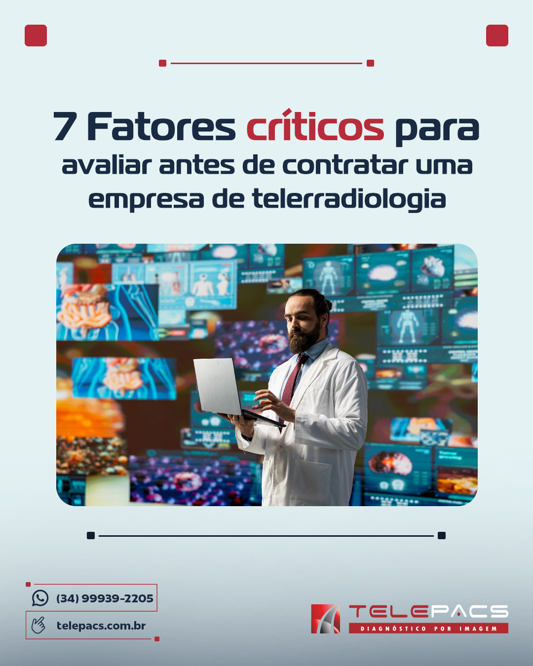 A telerradiologia está revolucionando a forma como clínicas e hospitais atendem seus pacientes, permitindo laudos precisos e ágeis à distância. Mas com tantas opções, como garantir que você está escolhendo o parceiro certo?
Neste post, compartilho 7 fatores críticos que não podem ser ignorados na hora da escolha. Desde a qualificação do corpo clínico até a segurança de dados, cada detalhe conta para a excelência diagnóstica e a proteção da reputação da sua instituição.
Você sabia que a revisão por pares (Peer Review) é um dos principais mecanismos para garantir a precisão dos laudos? Essa prática é essencial para evitar erros que podem comprometer o cuidado com o paciente.
Escolher uma empresa de telerradiologia não é apenas uma questão de custo, mas de segurança e confiança. Ao seguir esses critérios, você poderá transformar a telerradiologia em um verdadeiro diferencial competitivo.
Acesse nosso Blog abaixo ou link na bio e saiba mais!
📲 (34) 99939-2205
🌐 telepacs.com.br
#Telerradiologia #SaúdeDigital #InovaçãoEmSaúde #QualidadeNoAtendimento #SegurançaDeDados #Telepacs