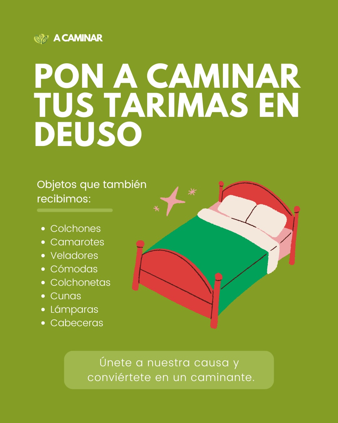 ¿Y si esa tarima que ya no usas pudiera ayudar a transformar espacios? ☺️✨En A Caminar, canalizamos objetos como tarimas en desuso para darles una nueva vida. Algunas se convierten en mobiliario, otras en apoyo logístico para nuestras acciones sociales.No es solo madera: es la base sobre la que seguimos construyendo ayuda. Ponla a caminar 💚 📩 Escríbenos por DM o haz clic en el link de nuestra bio para coordinar tu recolección.