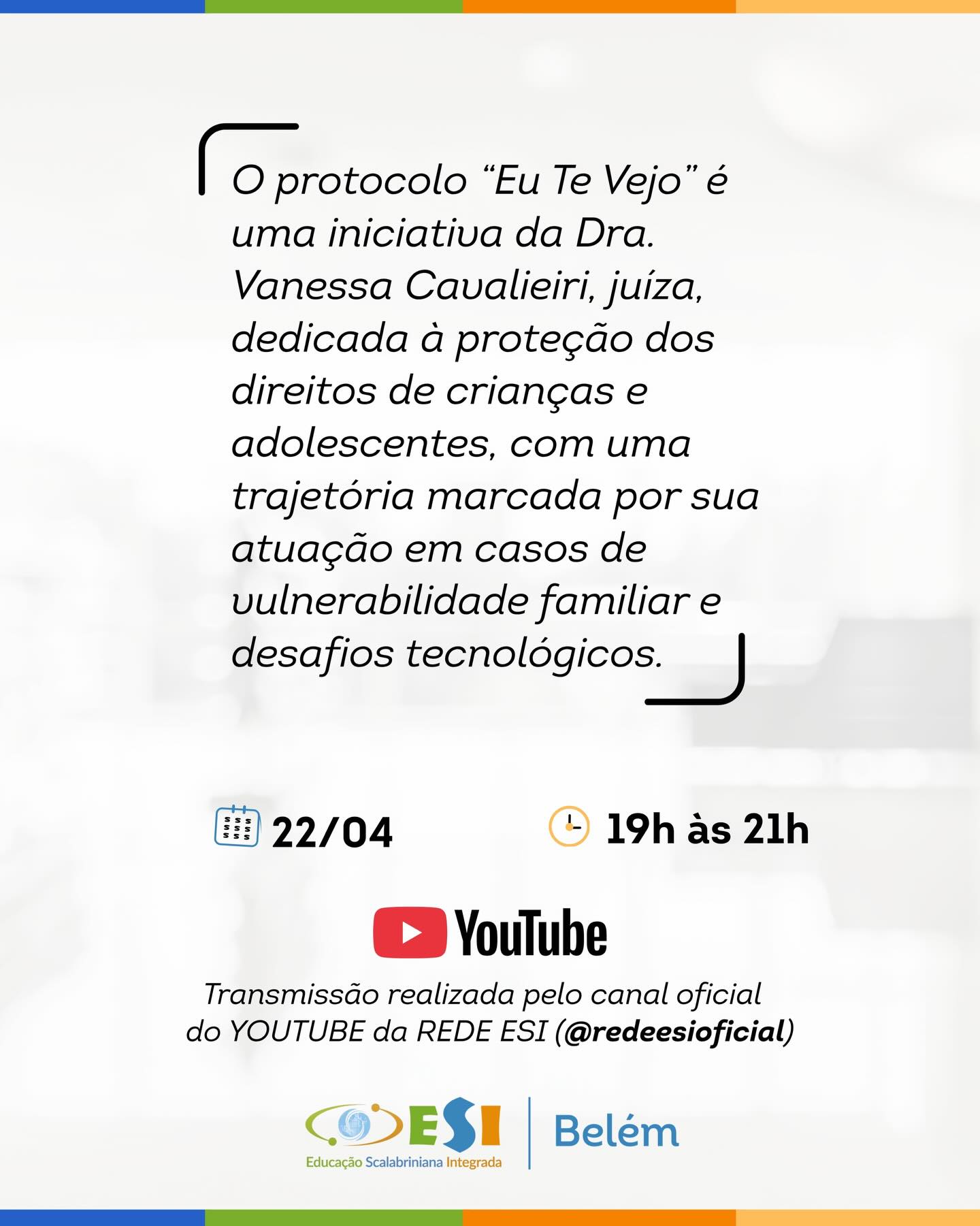 ✨ Ver é mais do que olhar — é reconhecer, acolher e proteger.
A Vanessa Cavalieri apresenta o protocolo “Eu Te Vejo”, uma iniciativa que nasce da escuta atenta e da atuação direta na defesa dos direitos de crianças e adolescentes.
Com uma trajetória marcada pelo enfrentamento de situações de vulnerabilidade familiar e pelos desafios do mundo digital, a Dra. Vanessa traz reflexões urgentes e caminhos práticos para educadores, gestores e toda a comunidade escolar.
📚 Uma palestra essencial para quem acredita que educar também é cuidar.
📅 22/04
⏰ Das 19h às 20h
📍 Ao vivo no YouTube da Rede ESI @redeesioficial
Não perca!
#EuTeVejo #EducaçãoComPropósito #RedeESI