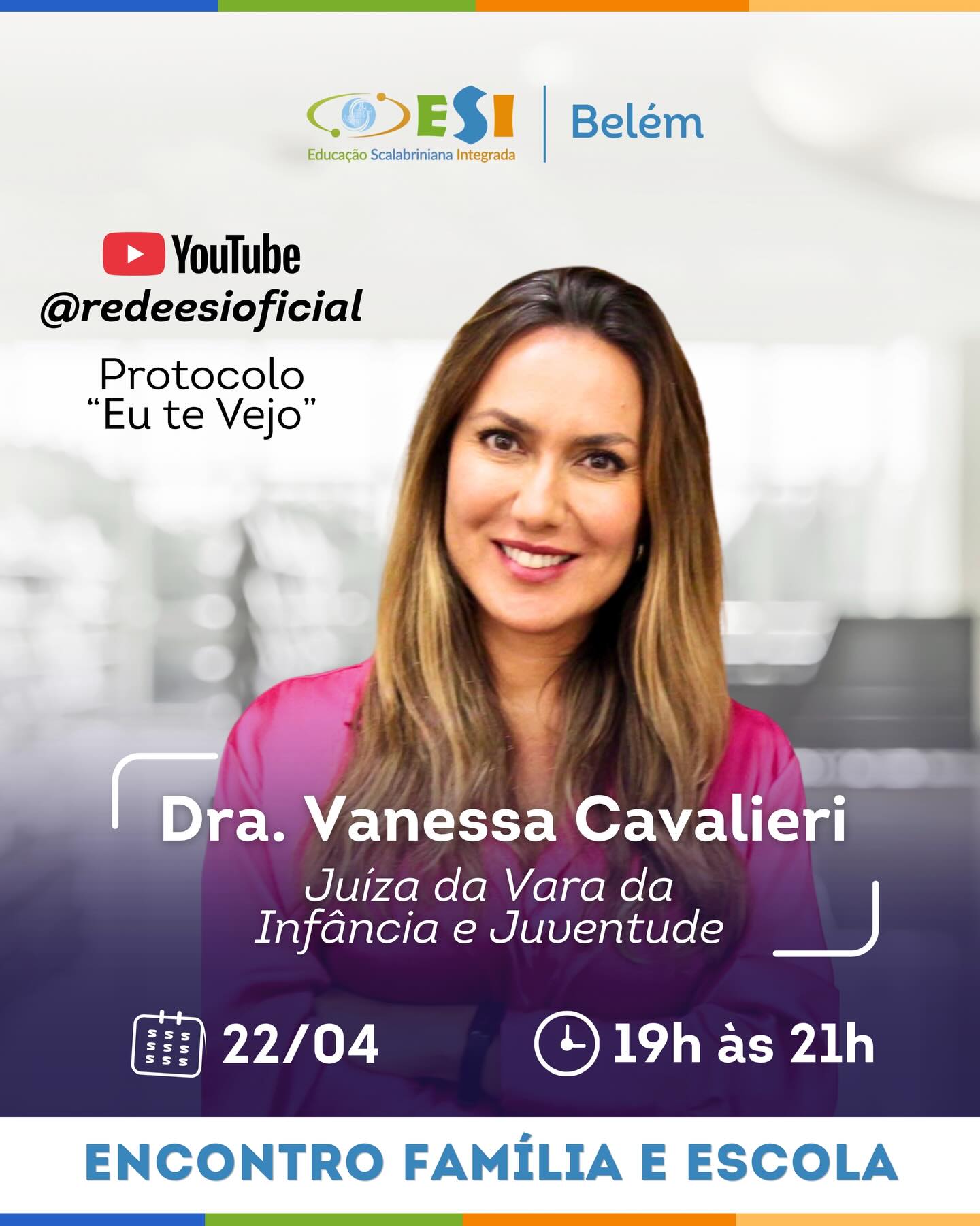 ✨ Ver é mais do que olhar — é reconhecer, acolher e proteger.
A Vanessa Cavalieri apresenta o protocolo “Eu Te Vejo”, uma iniciativa que nasce da escuta atenta e da atuação direta na defesa dos direitos de crianças e adolescentes.
Com uma trajetória marcada pelo enfrentamento de situações de vulnerabilidade familiar e pelos desafios do mundo digital, a Dra. Vanessa traz reflexões urgentes e caminhos práticos para educadores, gestores e toda a comunidade escolar.
📚 Uma palestra essencial para quem acredita que educar também é cuidar.
📅 22/04
⏰ Das 19h às 20h
📍 Ao vivo no YouTube da Rede ESI @redeesioficial
Não perca!
#EuTeVejo #EducaçãoComPropósito #RedeESI