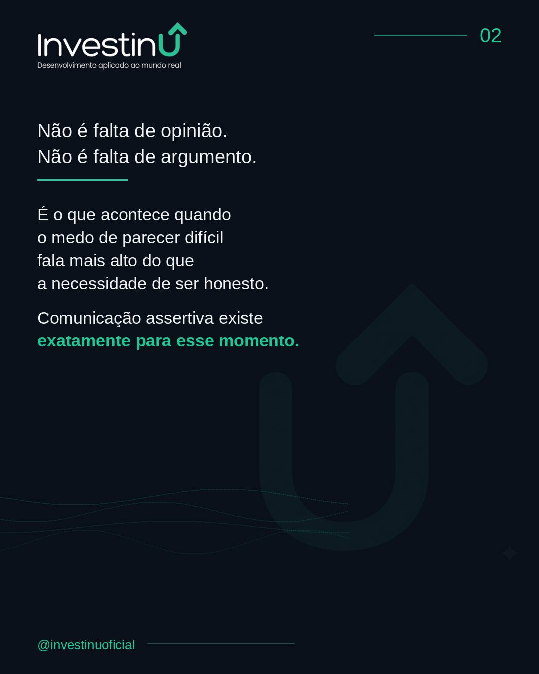 Dizer não costuma vir acompanhado de um medo específico: desapontar alguém, parecer difícil de trabalhar, ou perder espaço numa equipe.Mas a pessoa que nunca diz não raramente é admirada por isso. Costuma ser sobrecarregada — e, com o tempo, ressentida.Assertividade não é sobre ser duro. É sobre ser claro sem deixar de ser respeitoso.#Investinu #ComunicacaoAssertiva #Lideranca #Carreira #InteligenciaEmocional #DesenvolvimentoProfissional