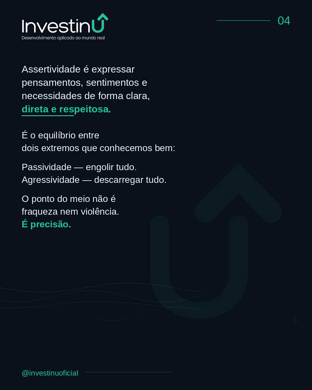 Dizer não costuma vir acompanhado de um medo específico: desapontar alguém, parecer difícil de trabalhar, ou perder espaço numa equipe.Mas a pessoa que nunca diz não raramente é admirada por isso. Costuma ser sobrecarregada — e, com o tempo, ressentida.Assertividade não é sobre ser duro. É sobre ser claro sem deixar de ser respeitoso.#Investinu #ComunicacaoAssertiva #Lideranca #Carreira #InteligenciaEmocional #DesenvolvimentoProfissional